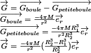 \vec{G}=\vec{G_{boule}}-\vec{G_{petiteboule}} \\\vec{G_{boule}}=\frac{-4\pi M}{r^{2}}\vec{e_{r}}\\\vec{G_{petiteboule}}=\frac{-4\pi MR_{1}^3}{r^{2}R_{2}^3}\vec{e_{r}}\\ \vec{G}=\frac{-4\pi M}{r^{2}}(\frac{R_{2}^3-R_{1}^3}{R_{2}^3})\vec{e_{r}}